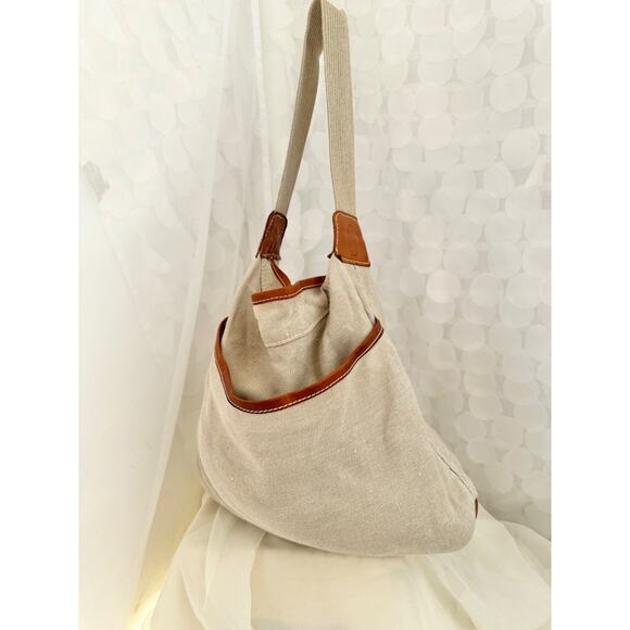 TERRA PAX Large Linen HEMP Slouchy Shoulder Bag Beige Leather Trim Sustainable - Picture 3 of 9